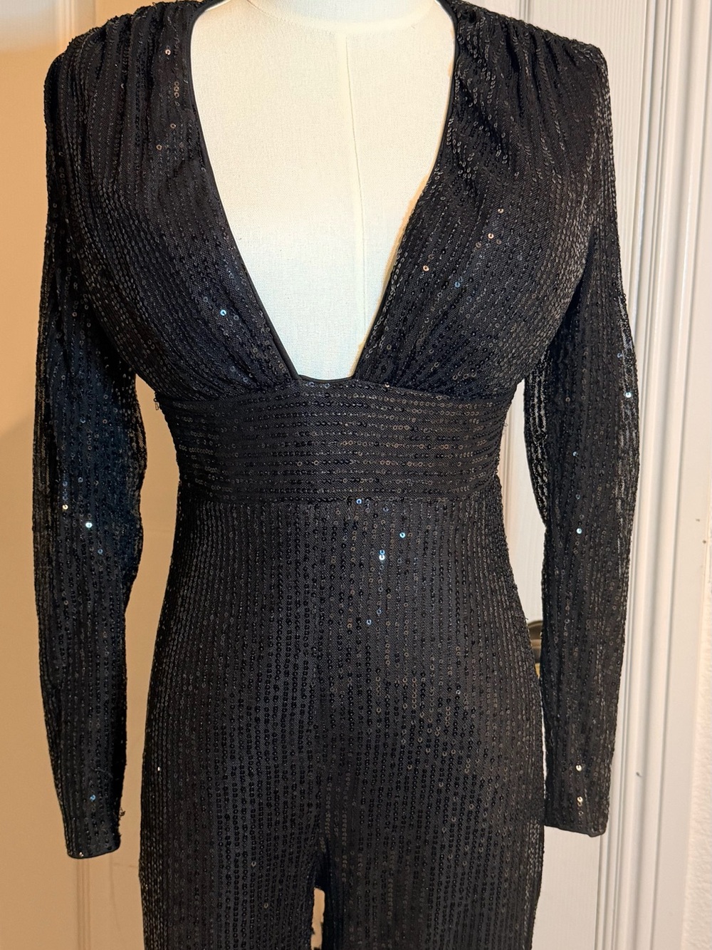 Black Sequin Plunge V-Neck Jumpsuit